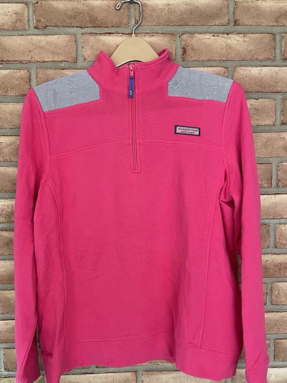 Vineyard Vines Women's Long Sleeve Top Size Large 1/4 Zip Blue/White Shoulder